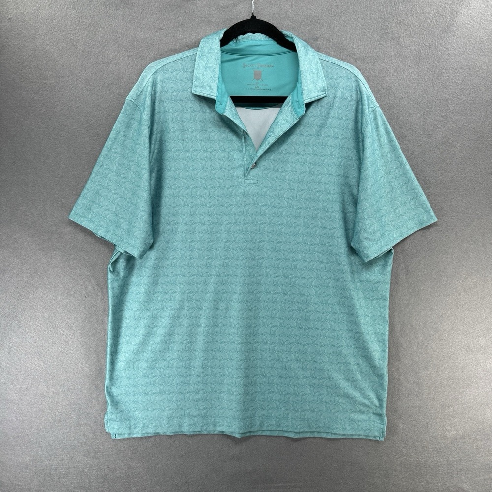 Hickey Freeman Polo Shirt Mens L Aqua Green Swirl Print‎ Golf Performance AOP